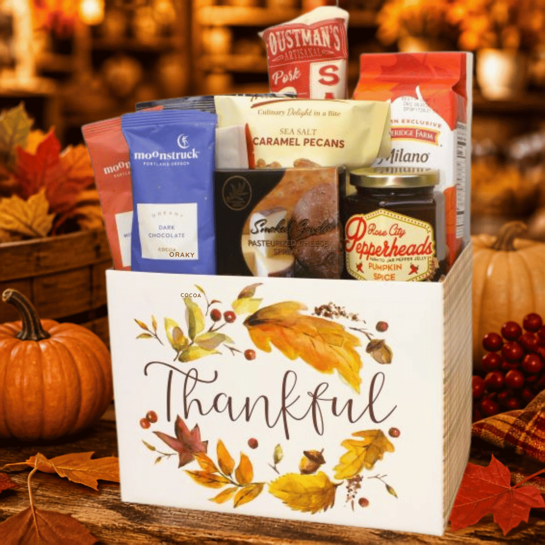 A fall-themed gift basket filled with assorted snacks and treats, presented in a white box printed with the word 'Thankful' and autumn leaves. The basket is surrounded by pumpkins, fall leaves, and a rustic wooden surface.