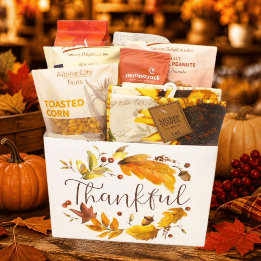 An autumn-themed gift basket filled with packaged snacks and treats, displayed on a rustic wooden surface with pumpkins, fall leaves, and berries around it. The white basket has a floral design and the word 'Thankful' printed on the front.
