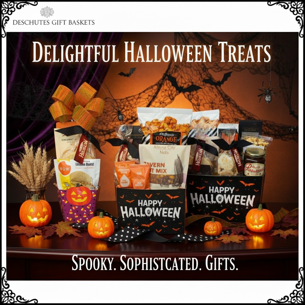 Halloween-themed gift basket with snacks and decorations on a table.